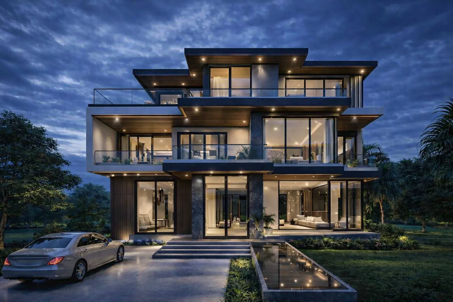 Modern residential exterior night view design by Creacion Architecture, Philippines
