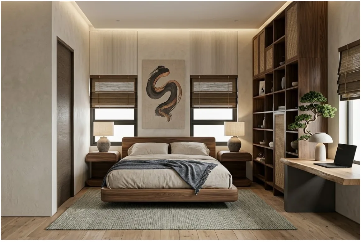 Architectural interiors bedroom with wood shelving