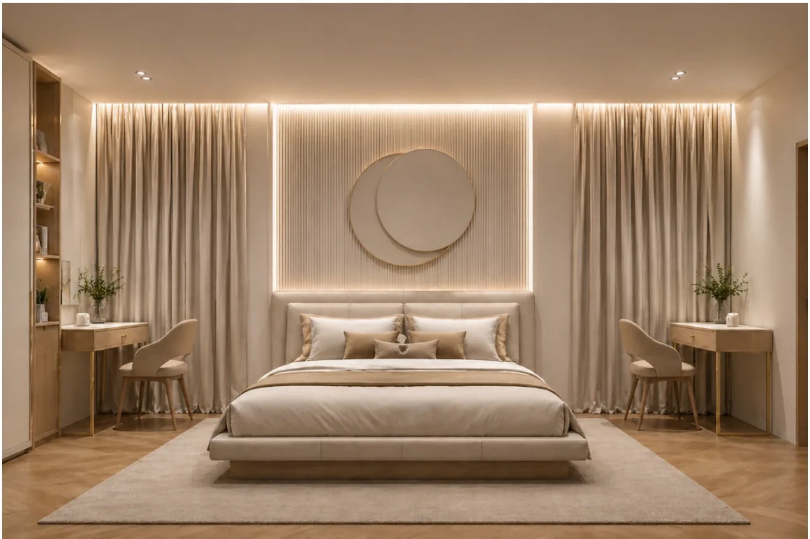 Architectural interiors beige bedroom suite