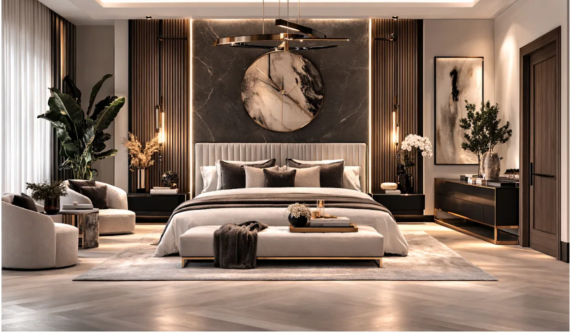 Architectural interiors dark luxury bedroom