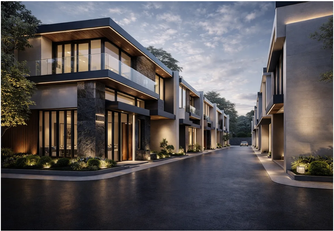 The Curvilinear Terraces townhouse driveway view